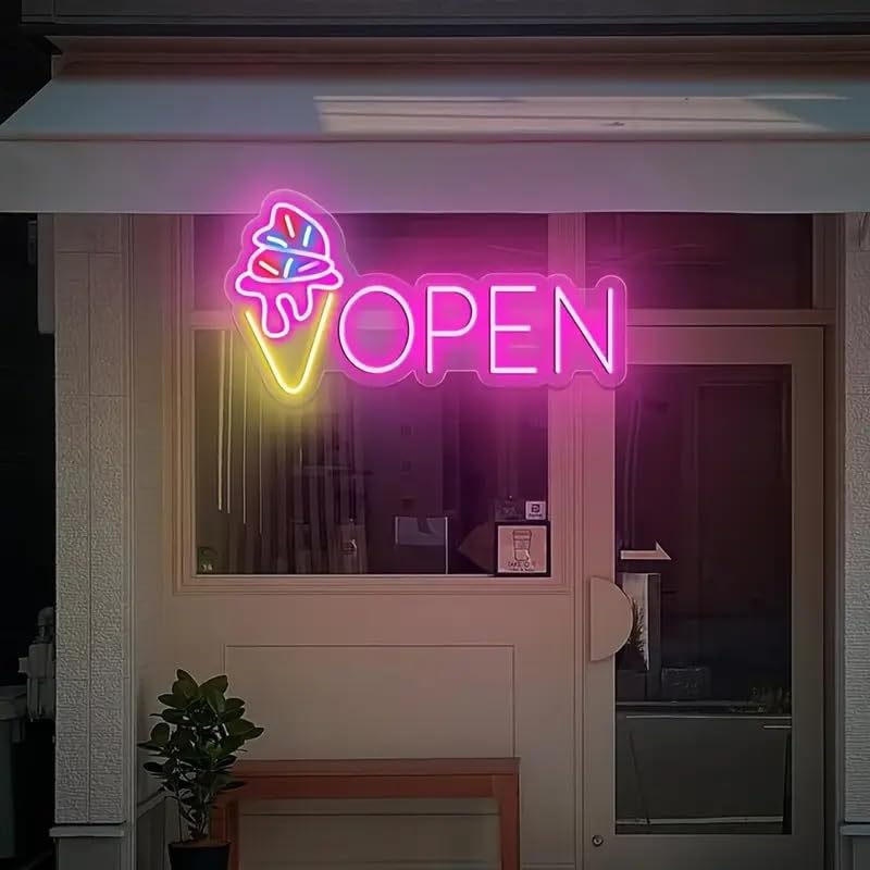 LED Neon Open Sign with Ice Cream Cone Design, USB Powered, Wall Hanging Plastic Neon Light, Switch Controlled, Multipurpose Room Decor, Business Signage for Ice Cream Trucks and Shops โ image 1