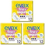 Evax Fina y Segura Compresas con Alas, Normal, 12 Unidades, Hasta 0% Olor (Paquete de 3)