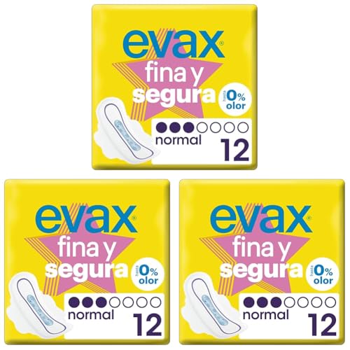 Evax Fina y Segura Compresas con Alas, Normal, 12 Unidades, Hasta 0% Olor (Paquete de 3)