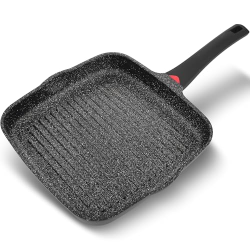 11 Inch Non Stick Grill Pan Granite Coated with Pour Spout - Lightweight 2.66 Quart Grill Pan for Indoor Cooking with Grip Handle - Induction Compatible PFOA Free Stove Top (Black)
