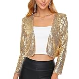 Women's Sequin Shrug Jacket Long Sleeve Open Front Glitter Blazer Bolero Wedding Party Sparkly Cropped Cardigan Light Gold,S