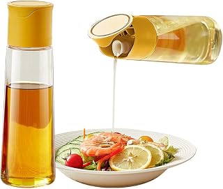 R&M essentials, Aceitera cristal, Aceitera antigoteo, 500ml, boquilla silicona, Dispensador de aceite, Botella cristal, se desmonta para fácil rellenado y limpieza, Aceitera y Vinagrera (Amarilla)