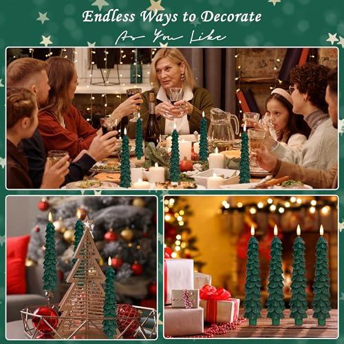 Image of Christmas Tree Candles with Remote, 4 Pack Green Flameless Taper Candles Battery Operated, Real Wax 9.6 Inch Flickering Led Christmas Tree Candlesticks Decorations for Winter Home Holiday Xmas Gift