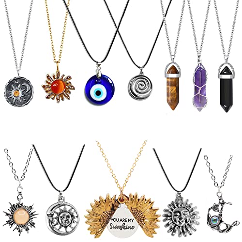 Yiisiiy 12 Pcs Crystal Pendant Necklace Evil Eye Necklace Sunflower Necklace Moon And Sun Hippie Necklace Indie Aesthetic Jewelry Accessories Set For Women Men Girls #TOP6