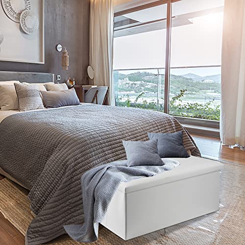Ecomex Folding Storage Ottoman Bench, 30 Inches Folding Ottoman Storage Bench, Leather Long Storage Chest, Toy Chest, Faux Leather Ottoman Bench With Storage For Bedroom, Hallway (White) #TOP1