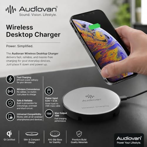 Image of Audiovan Desktop Wireless Charger, 15W Fast Wireless Charging Station Pad Compatible with iPhones and Android Phones (White)