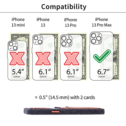 Image of Dockem Fabric Card Case for iPhone 13 Pro Max with Built-in Metal Plate for Magnetic Mounting, Stitched-on Genuine Leather Wallet with 2 Credit Card /ID Slots: M2F 6.7 inch Pro Max [Grey w /Light Brown]