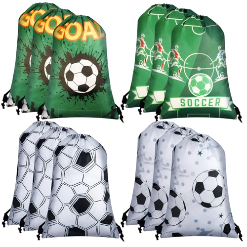CACSO 12 unidades de bolsas de festa de futebol, bolsas de cordão de futebol, mochila de lembrancinha de festa, bolsa de guloseimas para decoração de aniversário com tema esportivo, (22 x 32 cm), 12