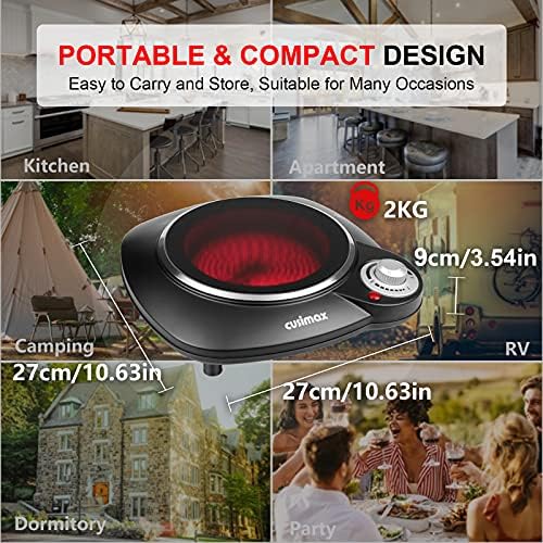 Cusimax CMIP-B112 Portable Hot Plate, Hot Plates for Cooking, Single Ceramic Hob, Black Stainless Steel, 1200W Electric Single Burner, Infrared Cooktop