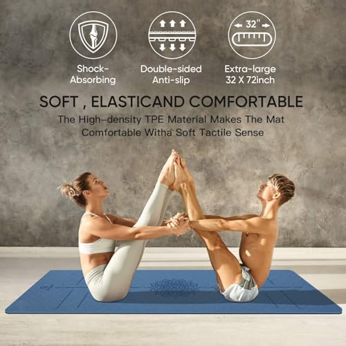 Yoga Mat Non Slip TPE Thick Yoga Mat with Alignment Mark, Large Size 72"L x 32"W x 0.32"Th or 0.24"Th, Anti-Tear Exercise & Fitness Mat for Yoga, Pilates & Floor Workouts (Blue Black, Thickness-6mm) by Gruper - Image 7