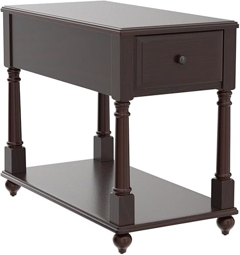 Miniatura 5 de Mesa auxiliar de extremo estrecho con cajón y estante de almacenamiento, mesas de sofá de madera maciza, mesa lateral delgada, teléfono para