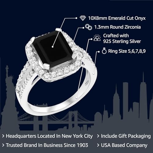 Gem Stone King 925 Sterling Silver Black Onyx Engagement Ring For Women (3.75 Cttw, Emerald Cut 10X8MM, Gemstone Birthstone, Available in size 5, 6, 7, 8, 9)2