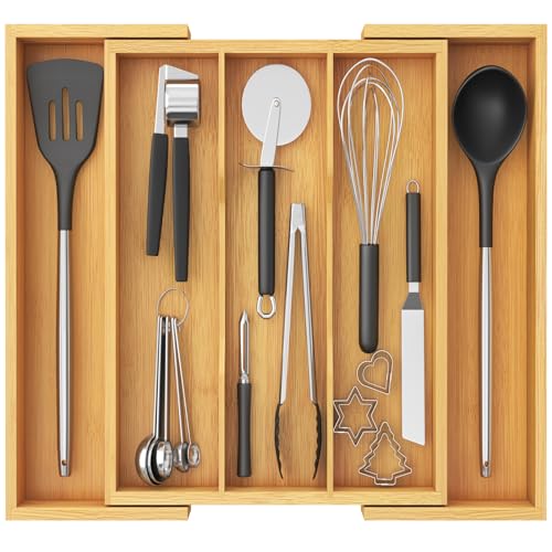 Image of Lifewit Utensil Organizer for Kitchen Drawer, Expandable 13 to 22.4 Inches Wide, Adjustable Cooking Silverware Tray, Bamboo Cutlery Flatware Holder, Spatula Tools and Gadgets Storage Divider, Natural