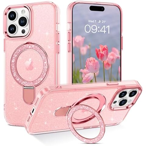 DOMAVER Magnetic Case for iPhone 14 Pro with Stand [Compatible with Magsafe], Glitter Translucent Slim Back Shockpfoof Protective Soft Cover with Kickstand for iPhone 14 Pro-Pink Cover