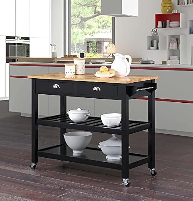 Convenience Concepts American Heritage 3 Tier Butcher Block Kitchen Cart with Drawers, Black/Butcher Block-UVIYdLip