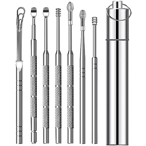 Ohrenschmalz Entferner Edelstahl,Tragbar Ohrenschmalz Entfernungs Set,Ohrreinigungswerkzeuge für Erwachsenen und Kindern 7-teiliges Set (Silber)