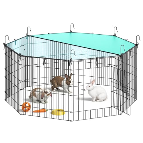 SONGMICS Small Animal Playpen with Roof Sunshade Breathable for Rabbits Guinea Pigs 8 Panels 138 x 138 x 60 cm Ink Black LPI020BH01