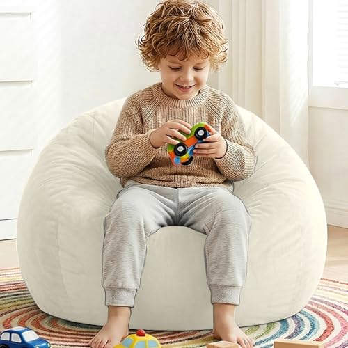 Image of Stuffed Animal Storage Bean Bag Chair Cover for Kids (No Filler), Soft Comfy Velvet Beanbag Chair Cover Machine Washable, Kids Bean Bag Chair with Handle for Living Room Bedroom Dorm, White
