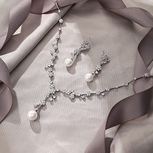Image of White Faux Pearl Leaf Vine Bridal Cubic Zirconia Jewelry Set for Women