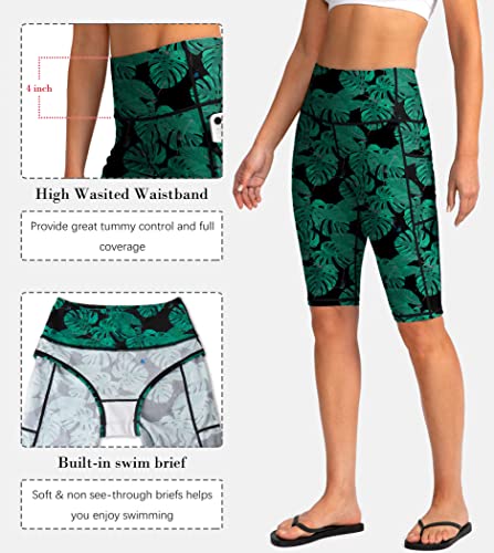 Image of SANTINY Women's High Waisted Swim Shorts with Pockets UPF50+ Long Board Swimming Shorts for Women with Liner