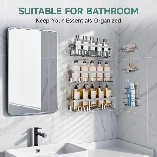Image of Veken Shower Caddy 6-Pack, No Drilling & Rustproof, Waterproof Adhesive Shelves Rack with Soap Holder, Large Capacity Bathroom Organizers and Storage, Wall-Mounted Kitchen & Home Decor, Silver Gray