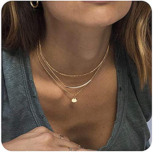 Emochy Dainty Layered Choker Necklaces Handmade Coin Tube Star Pearl Pendant Multilayer Adjustable Layering Chain Gold Plated Necklaces Set for Women Girls
