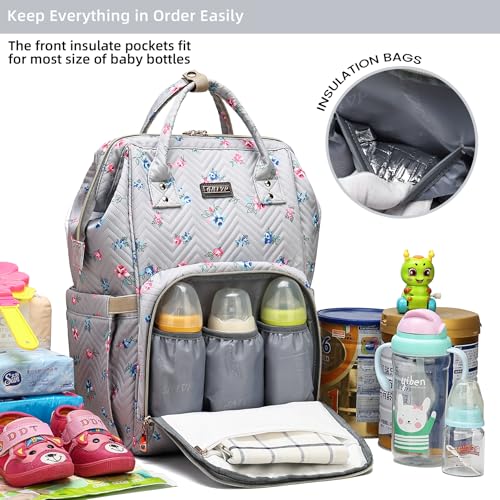 Image of GAIVP Diaper Bag Backpack, Diaper Bags for Baby Girls Boys, Baby Bags for Moms Dads, Nappy Changing Bag with Insulated Pockets,Multi-functional Waterproof Backpack with Stroller straps-Grey Flowers