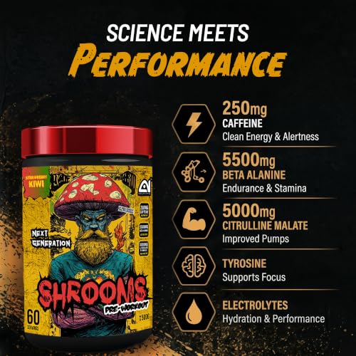 Image of Absolute Nutrition SHROOMS Pre Workout Powder (60 Servings, 500g) | With Beta Alanine, L-Citrulline DL-Malate 2:1, Cocoa Bean Extract & Bitter Orange | (Strawberry Kiwi)