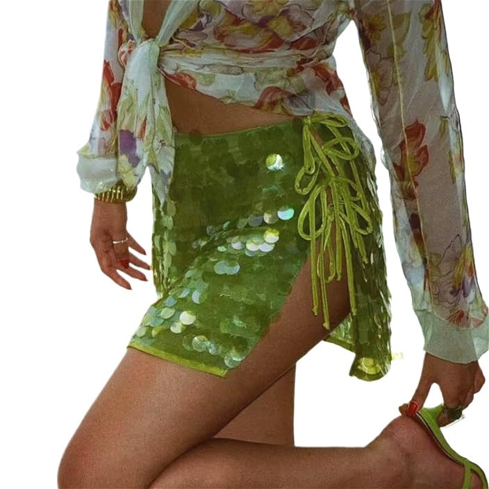 Women's Sparkly Sequin Mini Skirt Side Split Tie Up Sparkle Skirt Y2k 2000s Fashion Streetwear Party Summer2