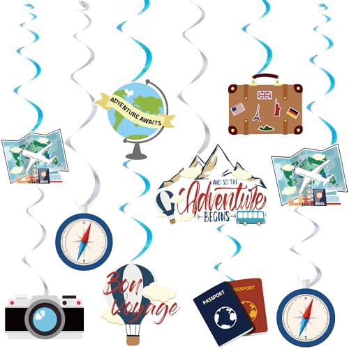 30pcs Adventure Travel Themed Birthday Party Hanging Swirl Decorations, Traveler Backpacker Party Ceiling Streamers Decor for Retirement Farewell Graduations Job Change Party Cruise Door Decorations