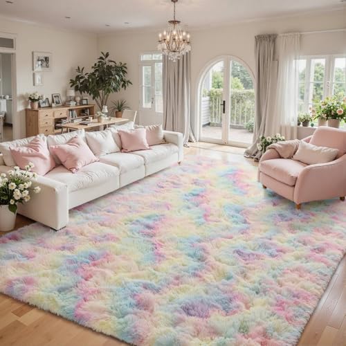 9x12 ft Fluffy Rainbow Area Rug for Bedroom Soft Fuzzy Living Room Rug Non-Slip Shag Rugs Carpet for Nursery Kids Play Room Dorm Office Indoor Modern Plush Carpets