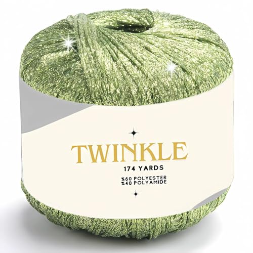 Image of Twinkle Metallic Glitter Yarn Sparkle Fine 1 Light Fingering Weight Worsted Gold Silver for Crochet Knitting, 25g 0.88oz, 175yard Soft Craft Shawls Cardigans Bags Lurex (Green Fairy Dust, Pack 1)