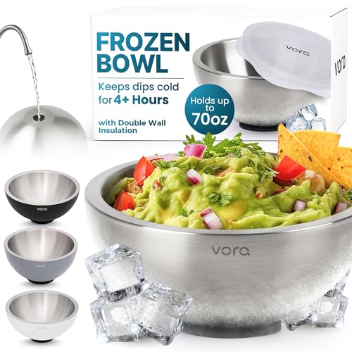 Vora 70oz Dip Chiller Bowl with Lid | Stainless Steel Chilled Dip Bowl for Dips Guacamole Hummus Salsa | Insulated Serving Dishes with Easiest Water Fill & Refillable Chamber