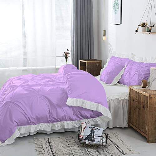 Image of 300 TC Pinch Ruffle 2 Tone Duvet /Razai /Blanket Cover with 2 Pillow Cover- 100% Cotton (Zipper Closure) Razai Cover 3 PC Set, Soft & Lightweight-Double Size White /Lavender