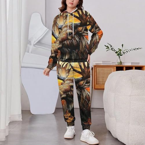 Boys Girls Sweatshirt Set 2 Piece Pullover Hoodie Kid Jogger Sweatpants, Moose Stained Glass Art2