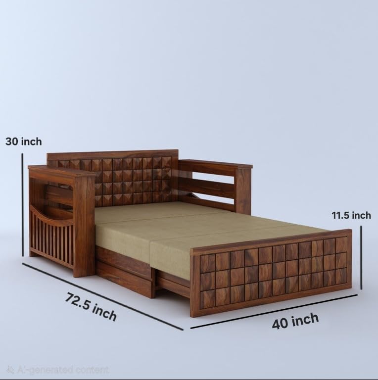 Image of Solid Sheesham Wood Sofa Cum Bed 2 Seater | Wooden Foldable Double Bed for Living Room with Storage | Bed Cum Sofa with Mattress for Home | Full Diamond Design (Honey Finish)