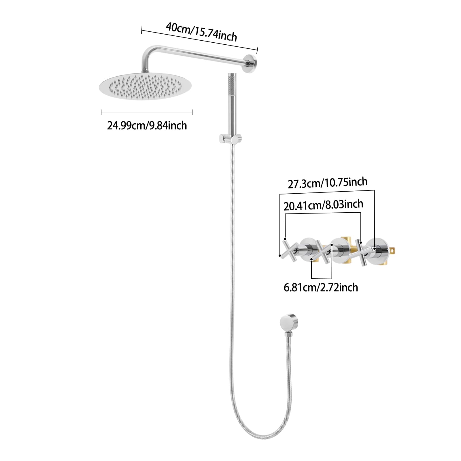 Dispositivo de ducha montado en la pared NPT de 1/2 pulgadas, interfaz estándar, ducha de mano montada en la pared (ángulo ajustable de 45°) con soporte para alcachofa de ducha de pared y asas de 3