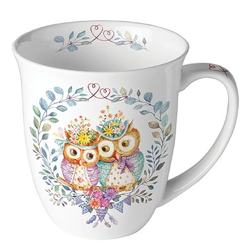 Tasse en porcelaine de 10 cm avec motif de chouettes dans une couronne de fleurs - 0,4 l - Tasse à café, tasse à thé et cacao - Tasses et gobelets motif animal - Tasse en porcelaine - Animaux blancs