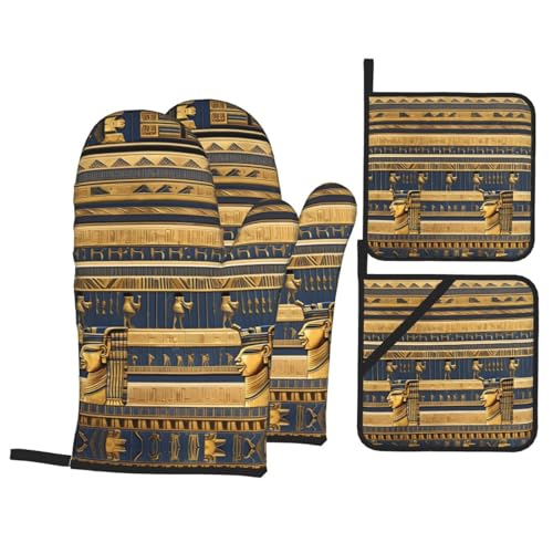 Egyptian Pharaonic Frescoes - Juego de 4 manoplas de cocina impermeables y resistentes al calor, guantes para hornear con agarre antideslizante
