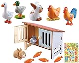 Inhalt: 1 Hasenmama Mimi, 1 Hasenbaby, 1 Hasenstall, 4 Karotten, Hahn 302988 (5 cm), Huhn 302990 (3,5 cm), Gans 302991 (5,5 cm), Ente 302992 (4 cm), Hase Hoppel 302989 (4 cm)