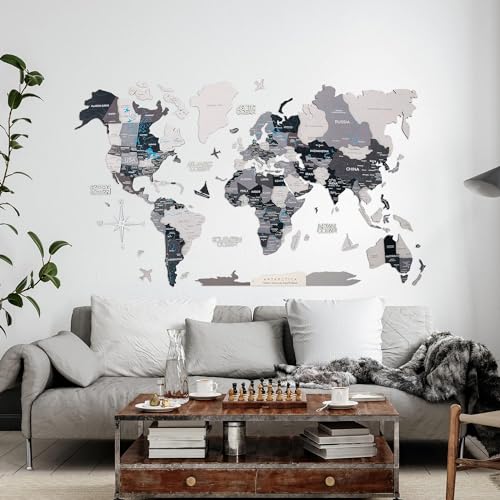 ENJOY THE WOOD Colored World Map Wood Wall Art With Rivers & Lakes 3D Wall Art Home Decor - Wooden Travel Map All Sizes Housewarming Gift Idea - World Map Decorations for Home (Large, Nordik)