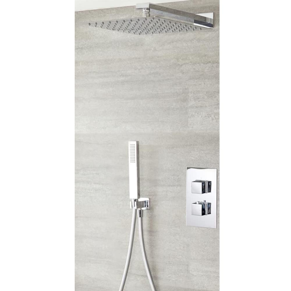 Milano Chrome Arvo Thermostatic Mixer Valve 300Mm Wall Mounted Square Shower Head Handset