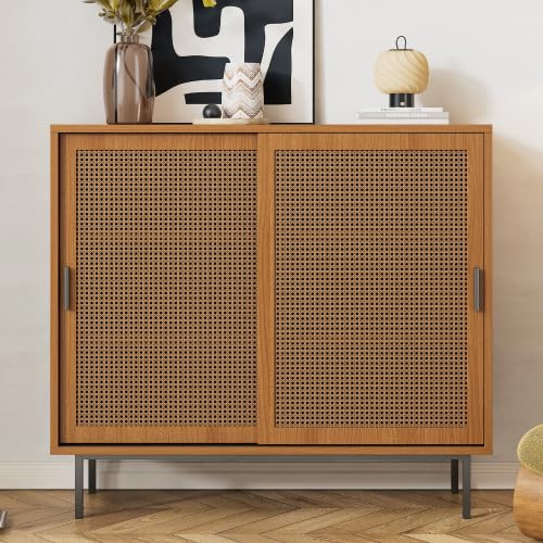 Merax Credenza - Cassettiera stabile con ante scorrevoli in rattan, portata 50 kg, noce, 100 cm, pratico armadietto per soggiorno o cucina