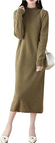 Vestido de punto 100 % de lana merina, para mujer, manga larga, cuello alto falso, acanalado, para otoño e invierno