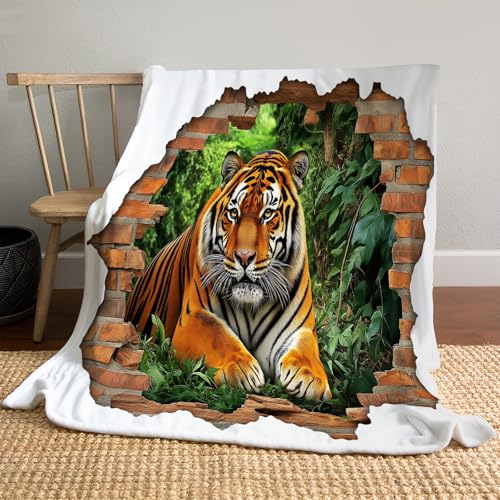 Plaid couverture polaire tigre de la jungle 200x220cm blanc pour canapé doux et chaud
