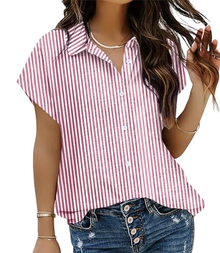 Image of HOTOUCH Button Down Shirts Cotton Pink Striped Dress Shirt Cap Sleeve Collared V Neck Office Work Pink Pinstripes Blouses Summer Soft Tops