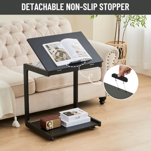 Image of Uniclinens Rolling Side Table, C Shape Couch End Table with Wheels, Mobile Wooden Sofa Tray,Movable Small Couch Desk for Bedroom Living Room, Black