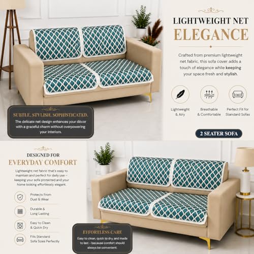 Image of Homerz Premium 'Maharaja Paradise Series' Sofa Cover | Net Fabric Sofa Cover | Washable, Anti-Dust Backed & Wrinkle Resistant Cover (Aqua Lattice, 2 Seater, Seat Cover with Backrest)