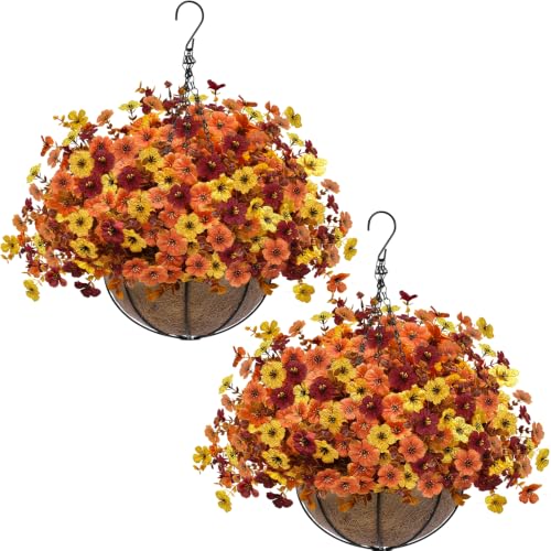 2 Sets Artificial Fall Mums Hanging Flowers Plants Baskets 504 UV Resistant Faux Silk Violet Fake Chrysanthemum in Planter Realistic Look for Autumn Porch Home Patio Garden Yard Outdoor Decor