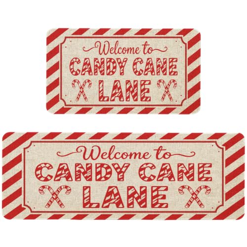 Kuyuayee Christmas Candy Cane Kitchen Mats and Floor Decor Rugs Set of 2 | Merry christmas kitchen decor mat 17x47 and 17x29 inch winter holiday xmas home decorations rug non-slip washable low-profile